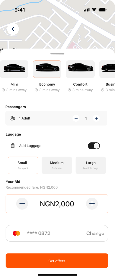 Getdrives — detailed ride picking: choose car, passengers, luggage, bid, and pay.